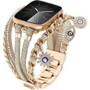 NEW Gold Boho Multilayer Leather Apple Watch Band with Charms